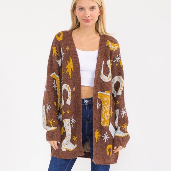 Sweaters - Brown Cardigan with Yellow and White Patterns